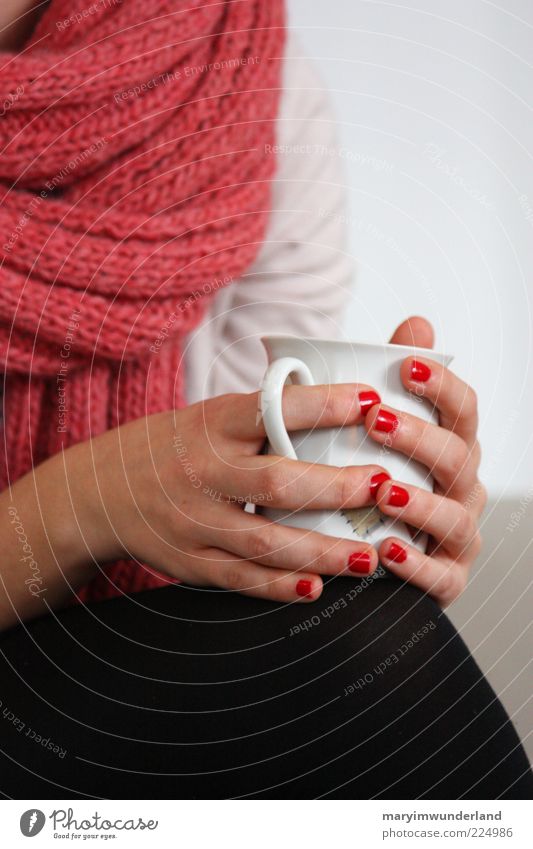 schwelgen in alten zeiten. schön Nagellack Wohlgefühl Zufriedenheit Erholung ruhig feminin Junge Frau Jugendliche Hand genießen trinken rot Schal Tasse Tee