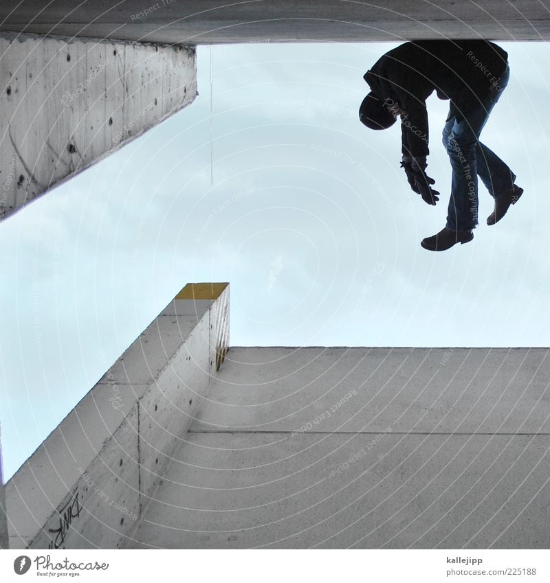 hangover Mensch Mann Erwachsene 1 Architektur Jeanshose Mantel Handschuhe Stiefel Mütze hängen Erholung verdreht liegen faulenzen verkatert Farbfoto