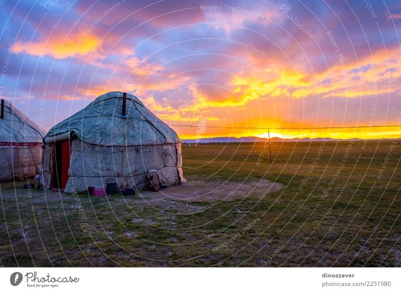 Jurten im Sonnenuntergang, Song Kul, Kirgisistan Ferien & Urlaub & Reisen Tourismus Camping Sommer Berge u. Gebirge Haus Kultur Natur Landschaft Gras Wiese