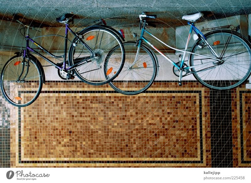 fahrradhimmel Fahrrad Verkehrsmittel Straße Wege & Pfade stehen Abstellplatz Reparatur Mosaik Farbfoto mehrfarbig Außenaufnahme Menschenleer Licht Schatten