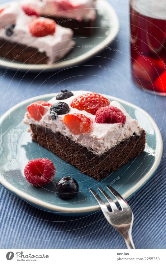 Schokokuchen mit Sahne und Beeren auf blauem Teller und rotem Tee Kuchen Teigwaren Backwaren Schokolade Brownie Schokoladenkuchen Himbeeren Erdbeeren Blaubeeren