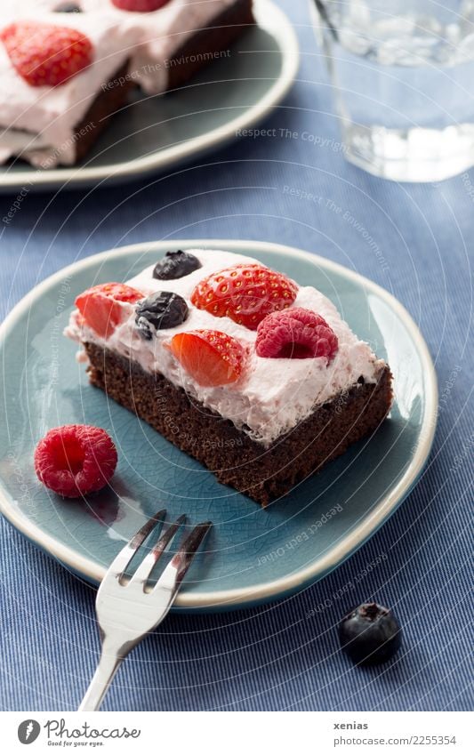 Brownie mit Beeren und Sahne auf blauem Teller, mit Kuchengabel und ein glas Wasser Frucht Backwaren Erdbeeren Himbeeren Blaubeeren Zucker Trinkwasser Glas