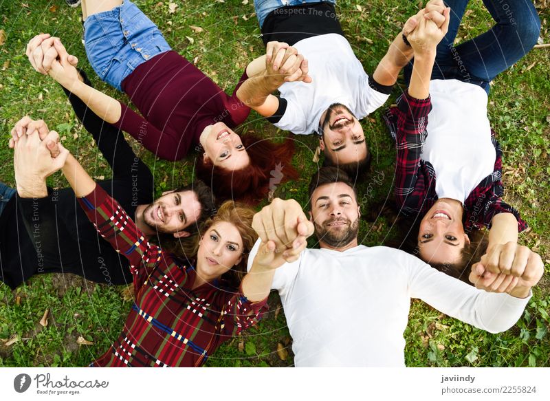 Frauen und Männer liegen im Gras und tragen legere Kleidung. Lifestyle Freude Mensch maskulin feminin Junge Frau Jugendliche Junger Mann Erwachsene Freundschaft