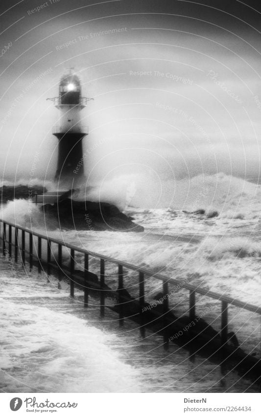 Rauhe See Natur Urelemente Wasser Himmel Wolken Herbst Wetter schlechtes Wetter Unwetter Sturm Ostsee grau schwarz weiß Wellen Mole Warnemünde Leuchtfeuer