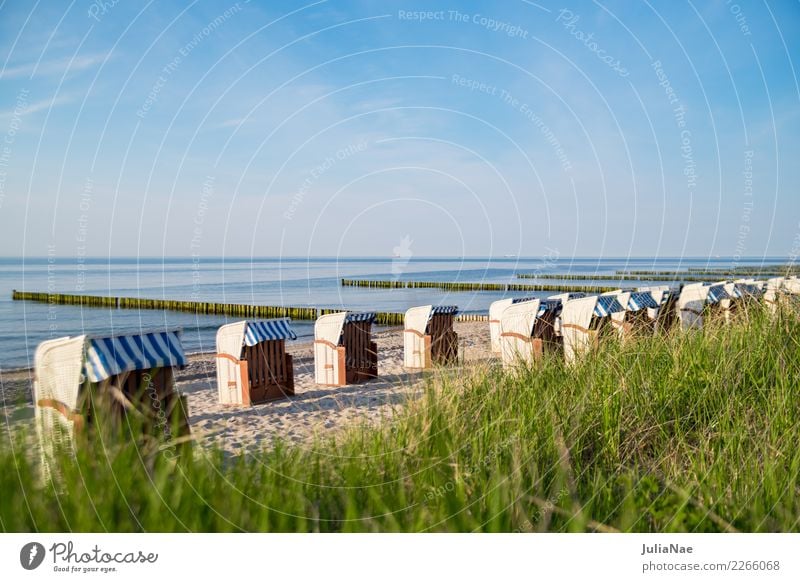 Strandkörbe am Ostseestrand Erholung ruhig Ferien & Urlaub & Reisen Ferne Meer Sand Wasser Himmel Küste See Freundlichkeit hell blau Einsamkeit Strandkorb