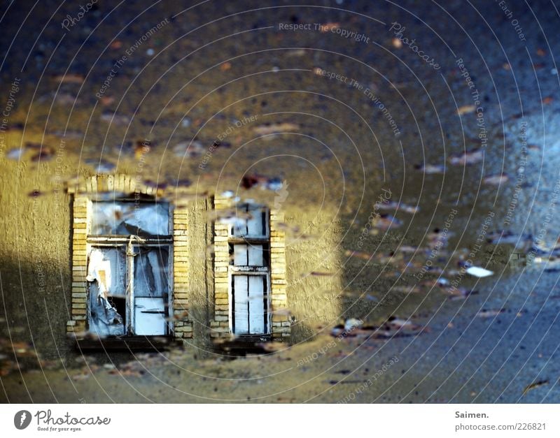 triste schönheit Haus Fassade Fenster dunkel hell Stimmung Sehnsucht Einsamkeit geheimnisvoll Vergänglichkeit Pfütze dreckig glänzend Asphalt Farbfoto