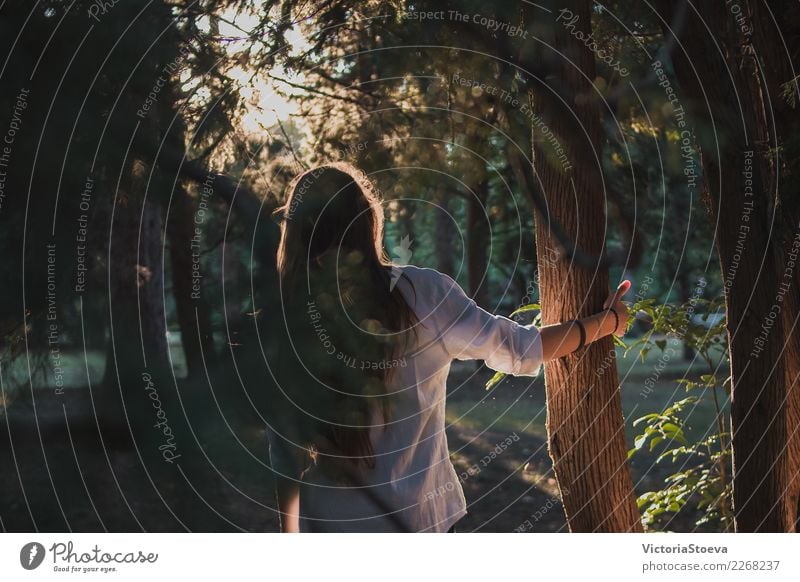 Lebensstilfoto eines Mädchens im Wald an der goldenen Stunde Lifestyle Stil Freude Glück schön Haare & Frisuren Freiheit Sommer Sonne Mensch feminin Frau