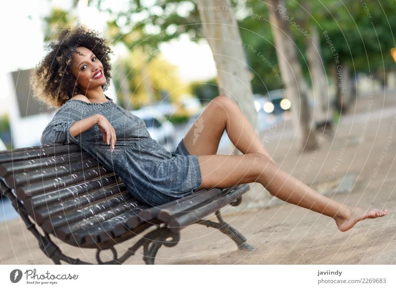 Junge schwarze Frau mit Afro-Frisur, die auf einer Bank sitzt. Lifestyle Stil schön Haare & Frisuren Gesicht Mensch feminin Junge Frau Jugendliche Erwachsene 1