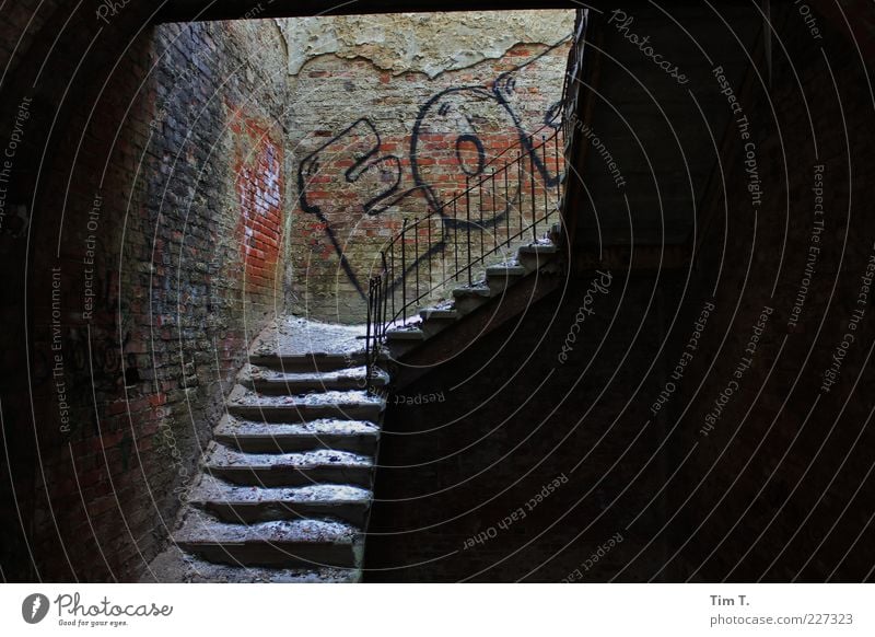 Treppen Menschenleer Haus Ruine Bauwerk Mauer Wand Verfall Vergangenheit Vergänglichkeit Heilstätte Graffiti Geländer Schatten dunkel Farbfoto Innenaufnahme Tag