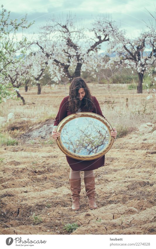 Das Ende des Winters Frau Erwachsene Umwelt Natur Landschaft Urelemente Luft Frühling Blume Blüte Kirschblüten Mandelblüte Kirschbaum Mandelbaum Spiegel Beginn