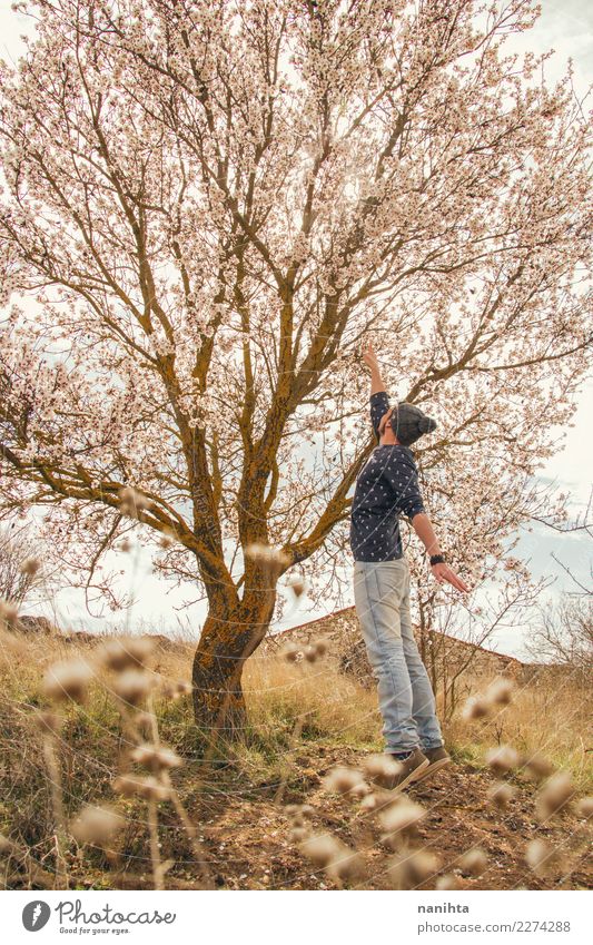 Junger Mann, der einen blühenden Baum berührt Lifestyle Stil Freude Wellness Leben harmonisch Wohlgefühl Sinnesorgane Mensch maskulin Jugendliche Erwachsene 1