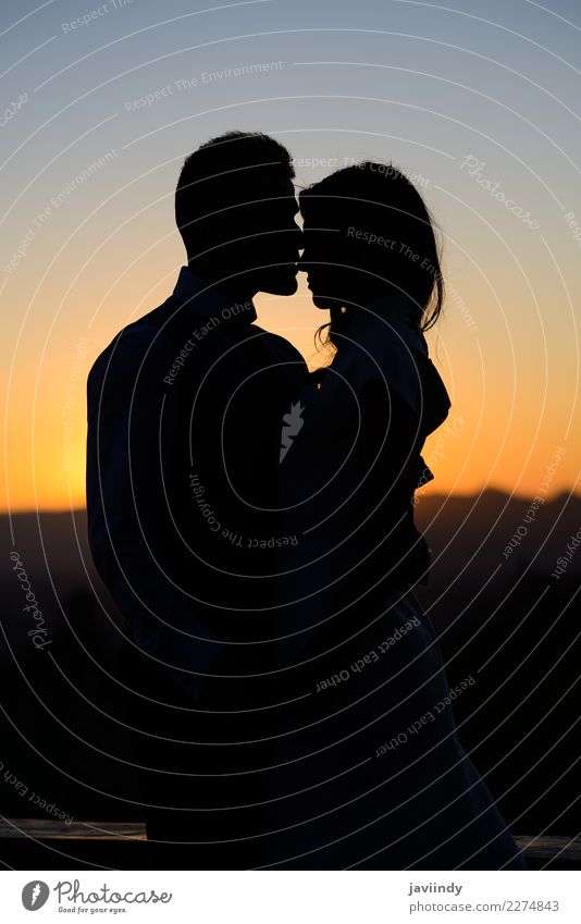 Silhouette einer jungen Braut und Bräutigam bei Sonnenuntergang Glück schön Hochzeit Mensch Junge Frau Jugendliche Junger Mann Erwachsene Paar 2 18-30 Jahre