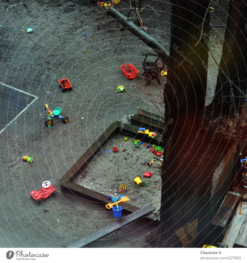 Hinterhofspielplatz Garten Baum Sandkasten Spielzeugauto Dreirad Schaufel Eimer Sandspielzeug trist viele mehrfarbig grau Kunststoff leer chaotisch