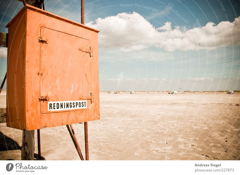 Redningspost Ferien & Urlaub & Reisen Ferne Freiheit Sommer Sommerurlaub Strand Meer Himmel Wolken Horizont Schönes Wetter Küste Kasten Schrank Post Holz frei