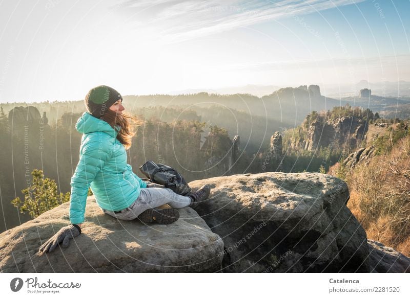 Winterbeleuchtung feminin 1 Mensch 18-30 Jahre Jugendliche Erwachsene Landschaft Himmel Sonne Sonnenlicht Schönes Wetter Baum Wald Felsen Berge u. Gebirge