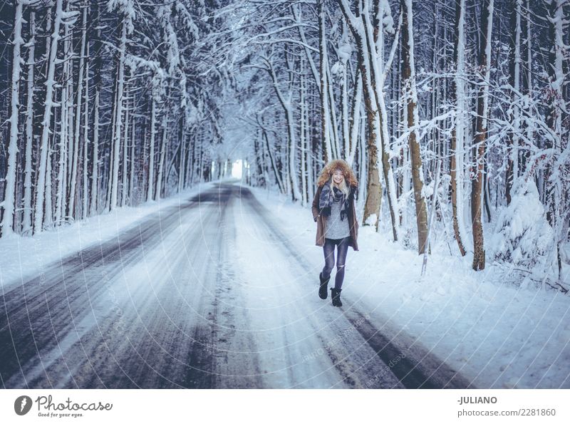 Junge Frau geht durch den Forrest im Winter Lifestyle Ferne Freiheit Winterurlaub Mensch feminin Jugendliche 13-18 Jahre 18-30 Jahre Erwachsene Bekleidung