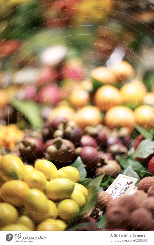 ein großes Angebot an exotischen Früchten Lebensmittel Frucht Lychee Zitrone Bioprodukte Vegetarische Ernährung außergewöhnlich Gesundheit mehrfarbig gelb