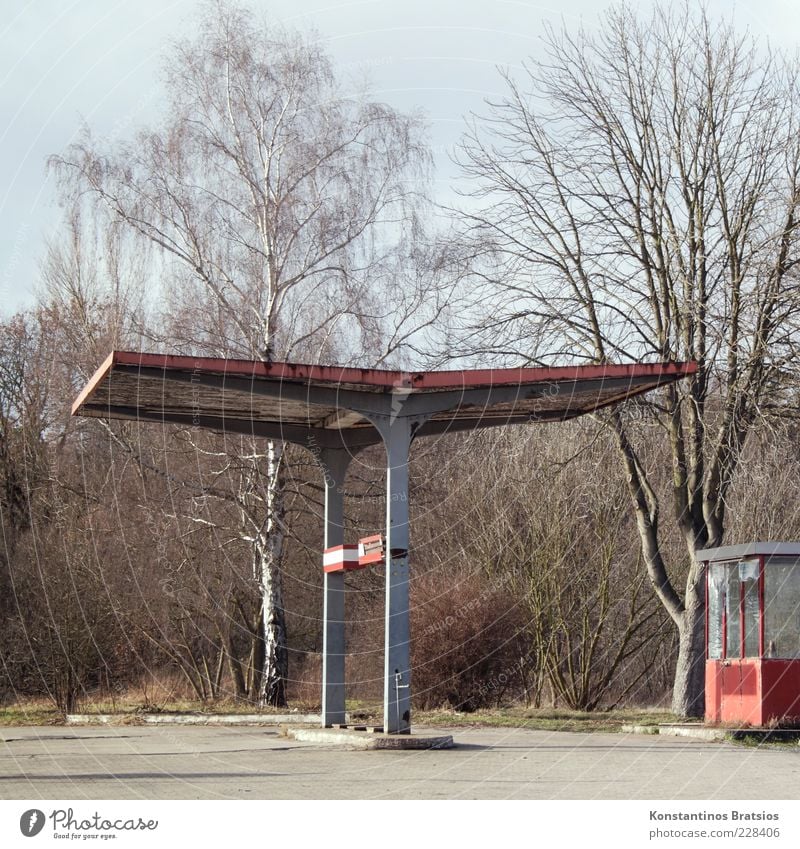 rotten gas station Energiekrise Schönes Wetter Baum Hütte Tankstelle alt kaputt grau Krise Farbfoto Außenaufnahme Menschenleer Tag Starke Tiefenschärfe