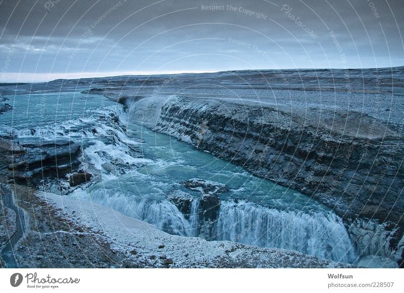 Wasserfall am Morgen Ferien & Urlaub & Reisen Tourismus Ausflug Ferne Freiheit Winter Natur Landschaft Himmel Wolken Horizont schlechtes Wetter Gullfoss Island