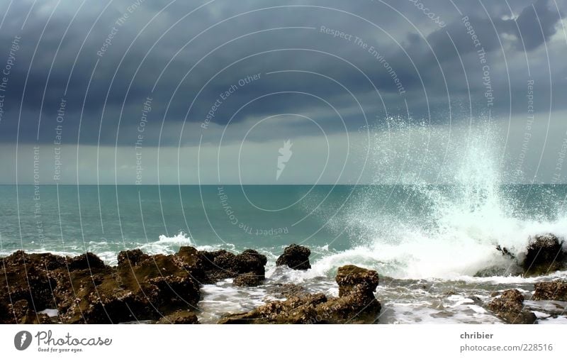 WOschschschsch... Freiheit Umwelt Natur Wasser Wassertropfen Himmel Wolken Gewitterwolken Wind Wellen Küste Strand Riff Gischt nass blau grün weiß Einsamkeit