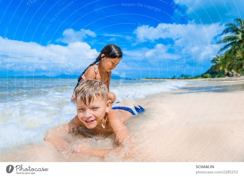 Niedliche Kinder, die Spaß am sonnigen tropischen Strand haben. Lifestyle Freude Freiheit Sommer Insel Mensch Mädchen Junge Kindheit 2 3-8 Jahre Jugendkultur