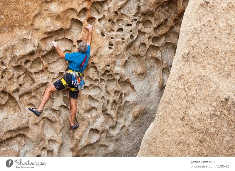 Kletterer, der sich an eine Klippe klammert. Abenteuer Sport Klettern Bergsteigen Seil Mann Erwachsene 1 Mensch sportlich hoch Tapferkeit selbstbewußt Erfolg