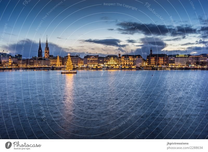 Hamburg Alster Jungfernstieg Winter Weihnachten Europa Deutschland Elbe Stadt Wasser Sonnenuntergang Wolken Himmel traumhaft schön Erholung Wasserfahrzeug Steg