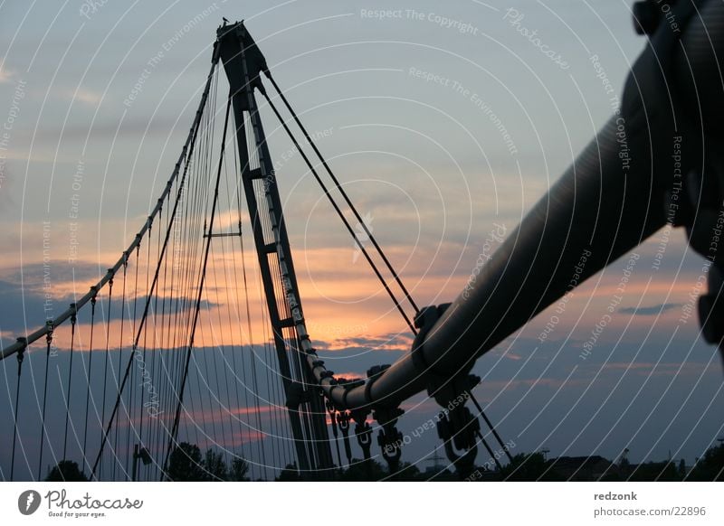 Brücke streben Fußgänger Dämmerung Stahl Magdeburg Übergang Himmel Metall Silhouette Kabel