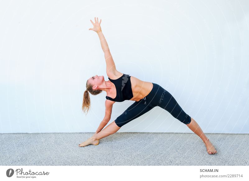 Yogaschüler, die verschiedene Yogastellungen zeigen. Lifestyle Erholung Sport Erwachsene einzigartig Identität Trikonasana Yoga-Pose Yin Yang Yoga Ausbildung