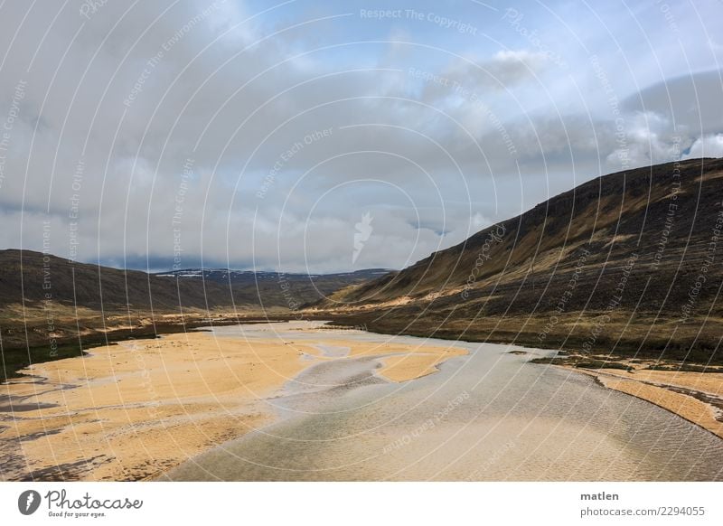 Flußmündung Natur Landschaft Pflanze Sand Wasser Himmel Wolken Horizont Sonnenlicht Frühling Schönes Wetter Wind Gras Berge u. Gebirge Schneebedeckte Gipfel