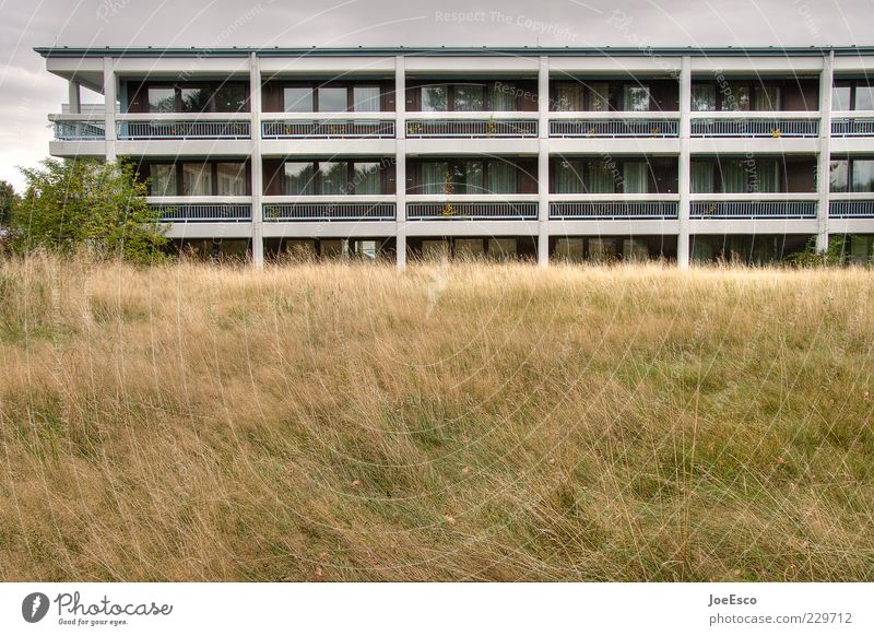 en bloc 02 Traumhaus Garten Natur Himmel Gras Sträucher Stadtrand Bauwerk Gebäude Architektur Fassade Balkon dunkel stagnierend Betonklotz Wohngemeinschaft