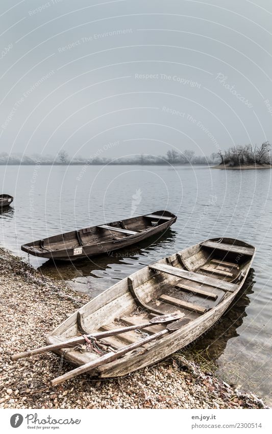 Wartezeit Natur Landschaft Himmel Horizont Winter Nebel Seeufer Ruderboot alt kalt grau Traurigkeit Trauer Tod Liebeskummer Einsamkeit stagnierend Verfall