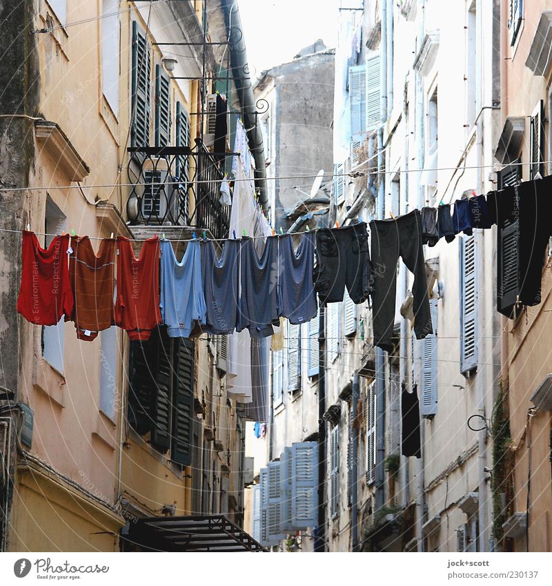 Waschtag sortiert an der Leine Stil Häusliches Leben Altstadt Stadthaus Fassade Fensterladen T-Shirt Hose hängen authentisch historisch hoch Tatkraft