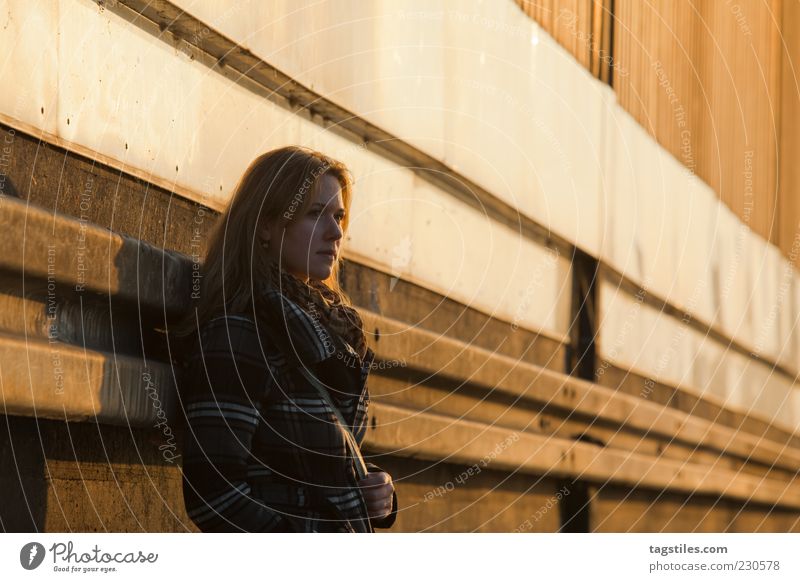 ABSCHIED Abschied Sonnenuntergang Sonnenlicht Frau Traurigkeit Wärme Fluchtpunkt Abend Farbfoto Textfreiraum oben anlehnen Denken nachdenklich Neuanfang