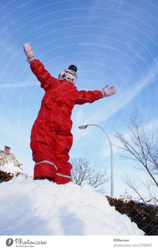 Schneekönig Wohlgefühl Zufriedenheit Spielen Abenteuer Winter Kind 1 Mensch Himmel Bekleidung Handschuhe Mütze stehen toben Fröhlichkeit hell rot Optimismus