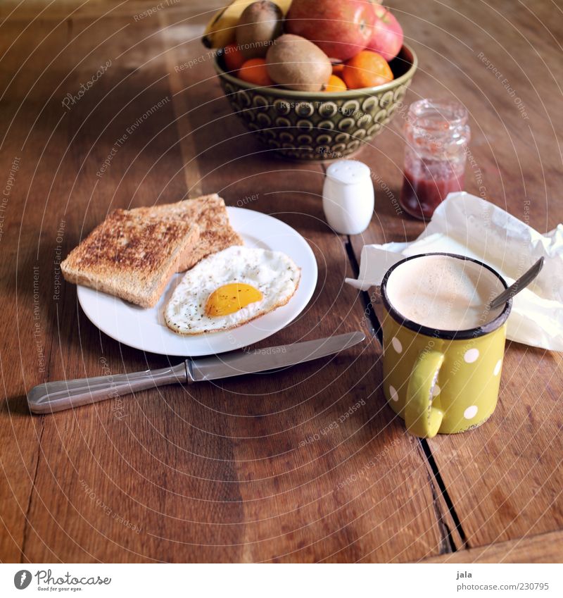 frühstück ist fertig! Lebensmittel Frucht Apfel Orange Brot Marmelade Butter Kochsalz Ernährung Frühstück Getränk Heißgetränk Kaffee Geschirr Teller Tasse