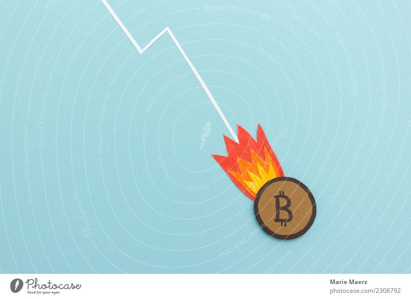 Bitcoin Münze mit Raketenfeuer im freien Fall Kapitalwirtschaft Börse Internet fallen Armut bedrohlich trendy nerdig blau Laster Enttäuschung Angst Gier