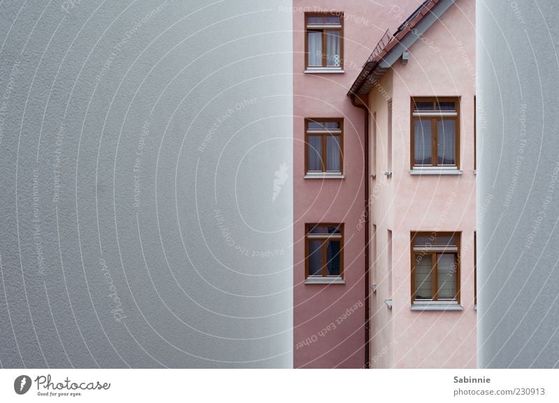 Häuslebauer Haus Einfamilienhaus Bauwerk Gebäude Architektur Mauer Wand Fassade Fenster Dach Dachrinne Regenrinne Fensterbrett Fensterrahmen Vorhang grau rosa