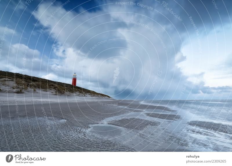 windiger stürmischer Morgen an der Nordseeküste mit rotem Leuchtturm Ferien & Urlaub & Reisen Strand Insel Natur Landschaft Sand Himmel Wolken Wetter Unwetter