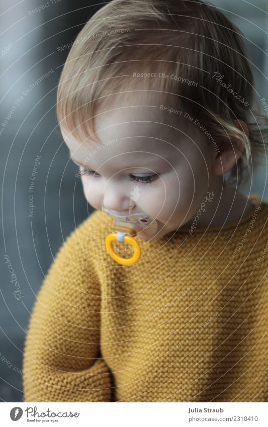 schnuller feminin Kleinkind Kindheit 1 Mensch 1-3 Jahre Pullover Strickpullover blond kurzhaarig Lächeln sitzen Neugier gelb grau Gelassenheit lernen stricken