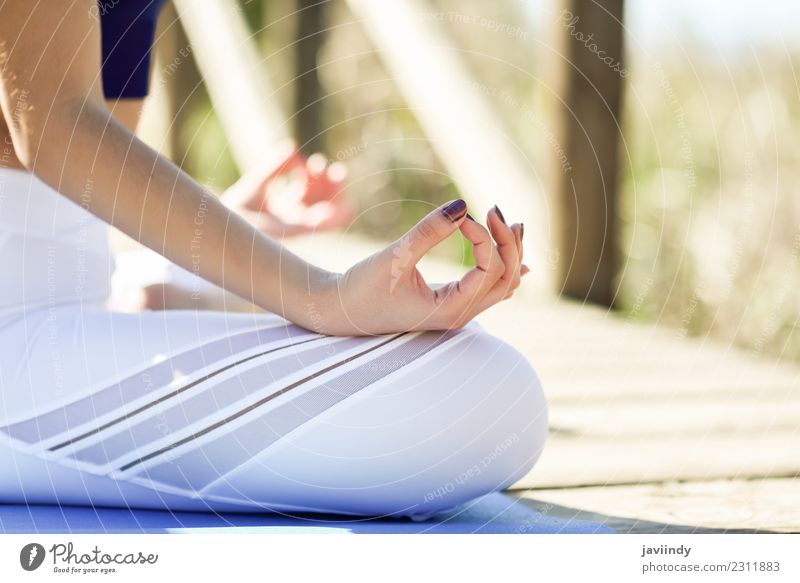 Frau, die Yoga in der Natur macht. Lotusfigur auf Holzbrücke. Lifestyle schön Körper Erholung Meditation Sommer Sport Mensch Junge Frau Jugendliche Erwachsene 1