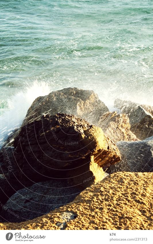 Fels Umwelt Natur Urelemente Sand Wasser Sommer Felsen Küste Strand Meer fest Flüssigkeit nass stark wild blau gelb grün Kraft Brandung Farbfoto Außenaufnahme