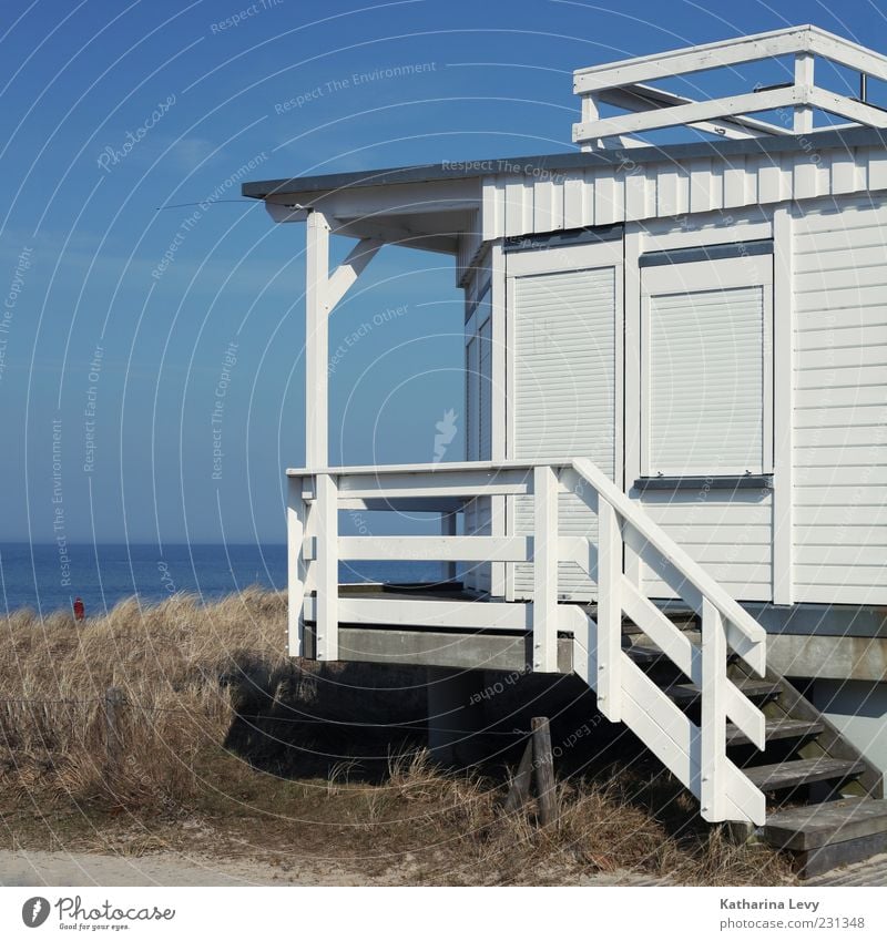 Kurtaxe bitte! Sommer Strand Meer Haus Himmel Horizont Schönes Wetter Dünengras blau weiß Sicherheit Schutz Einsamkeit Hütte Rollladen Ostsee Farbfoto