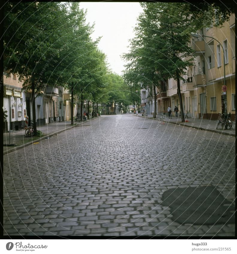 Berlin XIII Neukölln Stadt Hauptstadt Verkehrswege Straßenverkehr Fußgänger gelb grün Pflastersteine Baum frei Himmel Farbfoto Außenaufnahme Licht Schatten