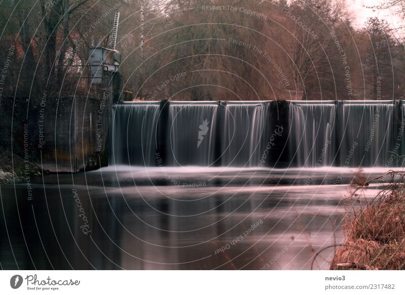 Wasserfall an Staustufe Umwelt Natur Landschaft Herbst Winter Baum Sträucher Blatt Wellen Flussufer Bach weich braun rot Gefühle Stimmung herbstlich