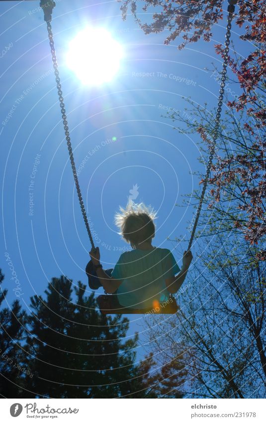 Ab ins Warme Spielen Sommer Kind Haare & Frisuren 1 Mensch Schönes Wetter Freude Kindheit Schaukel Dynamik Sonne Farbfoto Außenaufnahme Textfreiraum Mitte Tag