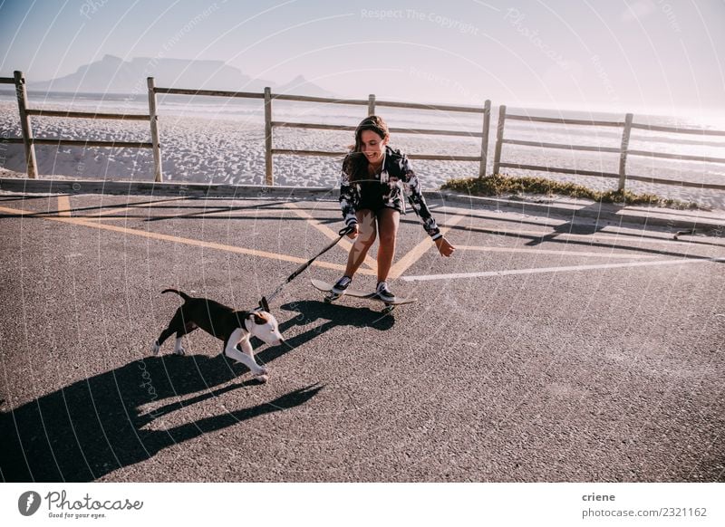 Glückliches junges erwachsenes Hipstermädchen auf Skateboard mit Welpe Freude Spielen Sommer Strand Frau Erwachsene Familie & Verwandtschaft Freundschaft