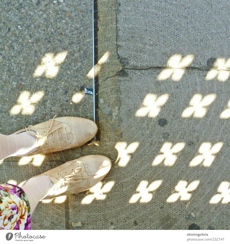 sonnen-blumen. Fuß 1 Mensch Schönes Wetter Schuhe Zeichen stehen Fröhlichkeit Freiheit stagnierend träumen Lichtspiel Boden Farbfoto Außenaufnahme