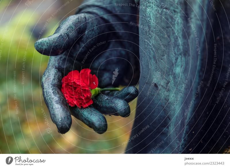 Rosenmontag Skulptur Metall alt schön rot schwarz Gefühle Trauer schuldig Hoffnung Liebe Nostalgie Optimismus Tod Kontrast Statue Hand Rosenkavalier Farbfoto