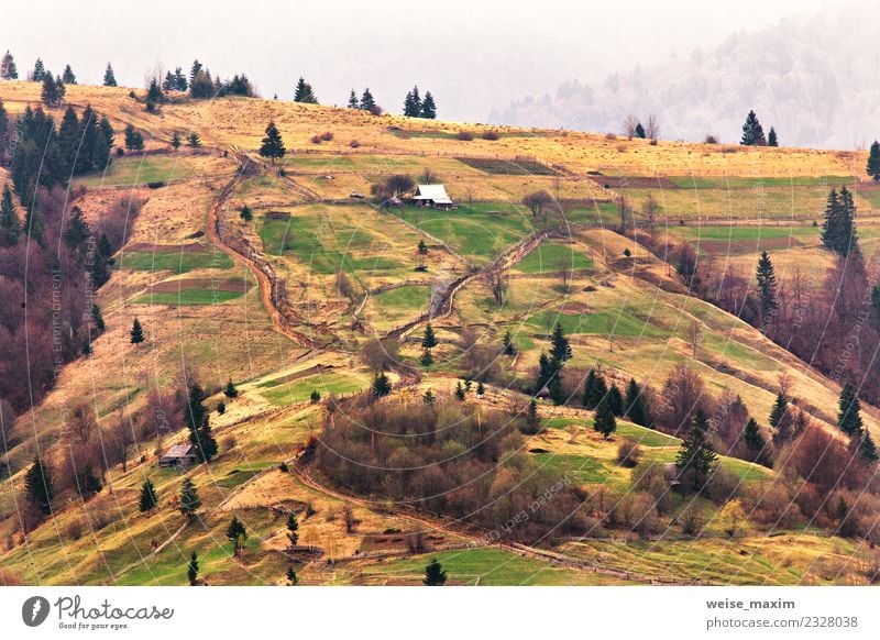 Bergdorf an den Hängen. Frühlingslandschaft schön Ferien & Urlaub & Reisen Tourismus Sommer Berge u. Gebirge Haus Garten Umwelt Natur Landschaft Wassertropfen